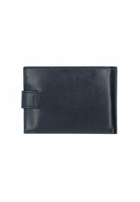 Granatowy skórzany portfel o gładkim wykończeniu, prostokątnym kształcie i z zamknięciem na guzik z boku. Minimalistyczny design z subtelnymi detalami przeszyć.