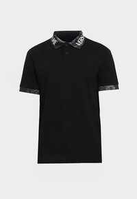 Sort polo skjorte med knaplukning og mønstret krave og manchetter. Har en ensfarvet krop og dekorative accenter i grå.