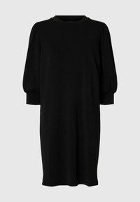 Mustmust, põlvepikkune kleit lühikeste puhvvarrukatega, ümar dekoltee, valmistatud pehmest kangast. Lihtne, ühtlane värv ilma mustrite või kaunistusteta.