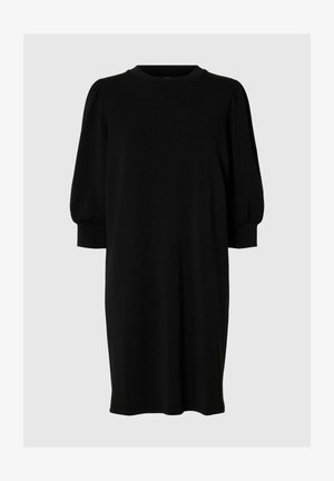 Schwarzes, knielanges Kleid mit kurzen Puffärmeln, rundem Ausschnitt, aus weichem Stoff. Einfach, einfarbig ohne Muster oder Verzierungen.