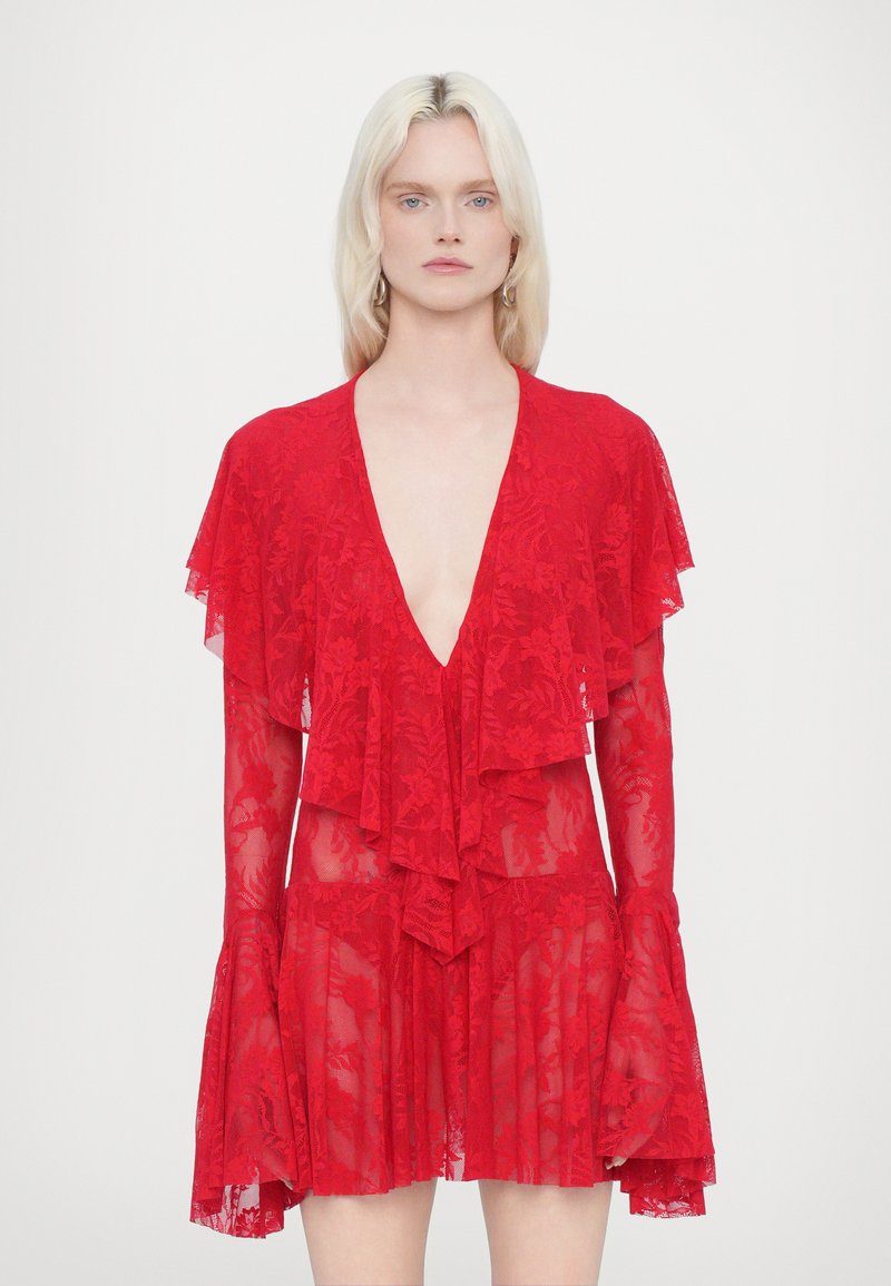 Norma Kamali - LONG SLEEVE DEEP RUFFLE MINI DRESS - Cocktailkjole - tiger red, Forstørre