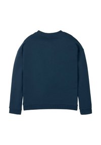 Felpa blu navy a maniche lunghe, con colletto e polsini a costine, realizzata in tessuto morbido, con vestibilità ampia e senza loghi o design visibili.