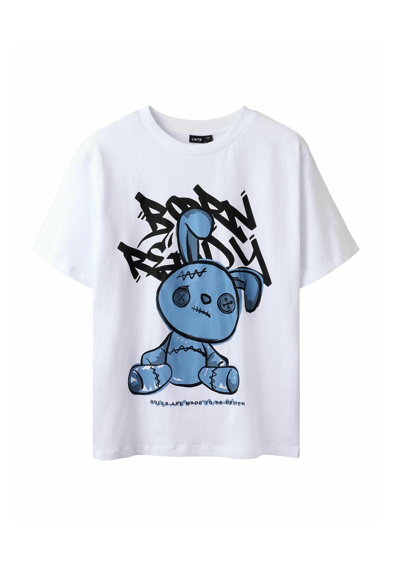 Witte katoenen t-shirt met een blauw cartoon konijn grafiek, een zwart tekstontwerp met de tekst "Born Ready" en decoratieve stikdetails.