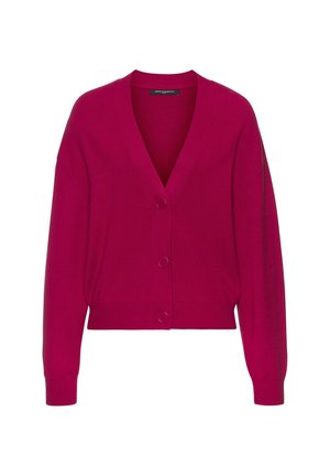 Long-sleeve deep pink knit cardigan with V-neck and three buttons down the front, ribbed cuffs, and waistband.