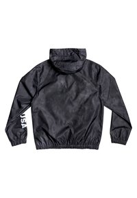 Black windbreaker jacket with a hood, elastic cuffs, and hem. Features white text "USA" on the left sleeve and a smooth, shiny texture.