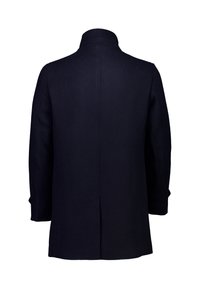 Abrigo de lana navy con un alto cuello, corte entallado y longitud media. Presenta una abertura central en la parte posterior y mangas con puños.