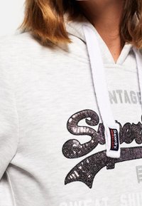 Felpa con cappuccio grigio chiaro realizzata in materiale morbido, caratterizzata da un logo glitterato in colori scuri, accompagnata da cordini bianchi e dettagli con etichette tessute.