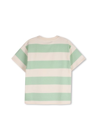 T-shirt à manches courtes à rayures crème et vert menthe, avec un col rond et une coupe décontractée. Matière en coton avec une texture lisse.