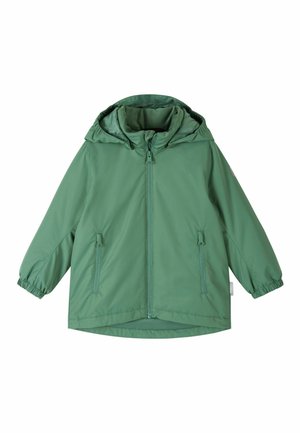 Grüne, wasserfeste Jacke mit Kapuze, Reißverschluss, elastischen Bündchen und zwei Seitentaschen. Glatte Textur, lässiger und lockerer Schnitt.