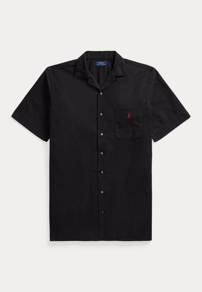 Black short-sleeve button-up shirt with collar and chest pocket featuring a small red logo embroidered on the pocket.