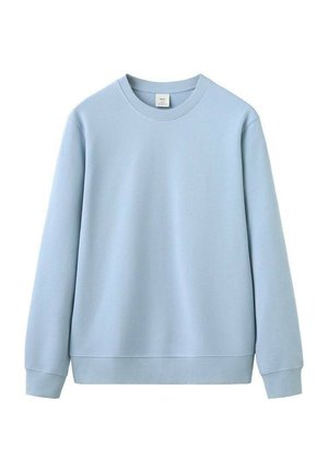Light blue crewneck sweatshirt with long sleeves, ribbed cuffs, and hem, displayed on a white background.