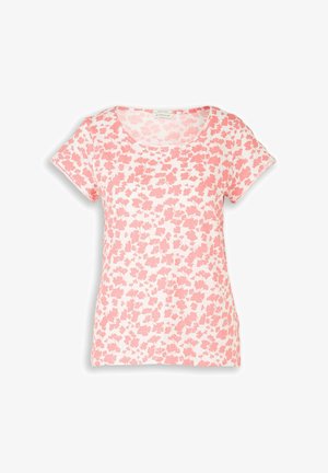 T-shirt blanc à manches courtes avec un col rond, couvert d'un motif floral rose dispersé.