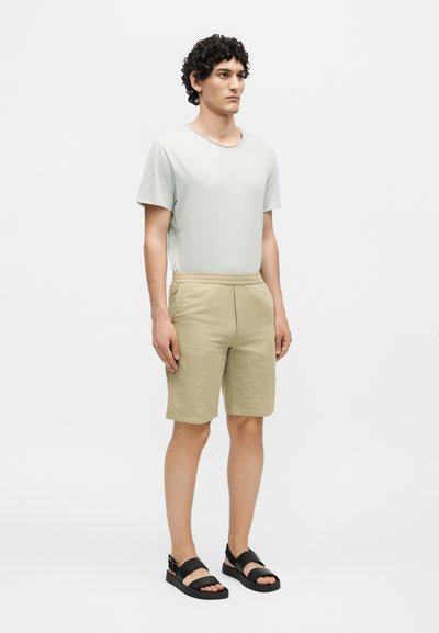 Νέος άνδρας που στέκεται φορώντας ένα ανοιχτογκρι κοντομάνικο πουκάμισο, μπεζ σορτς μέχρι το γόνατο και μαύρα πέδιλα με ανοιχτά δάκτυλα πάνω σε λευκό φόντο.