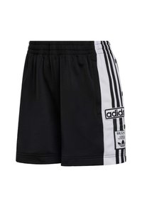 Čierne športové šortky s bielymi bočnými panelmi, ktoré majú tri zvislé pruhy, vyšívané logo a detaily so zapínaním na patentky.