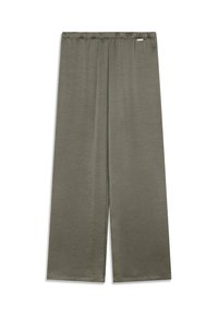Pantaloni a gamba larga in verde oliva, tessuto leggero, cintura elastica, texture liscia e bordi puliti senza elementi metallici visibili.