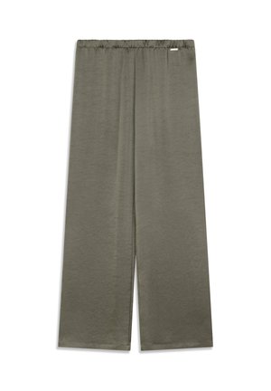 Pantalon à jambes larges de couleur vert olive, tissu léger, taille élastiquée, texture lisse et bords nets sans éléments visibles.