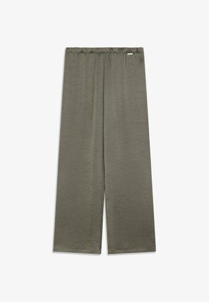 Pantaloni a gamba larga in verde oliva, tessuto leggero, cintura elastica, texture liscia e bordi puliti senza elementi metallici visibili.