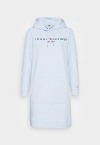 Lichtblauwe hoodie jurk van een katoenmix, met een grote voorkantzak, trekkoord capuchon en bedrukt merklop.