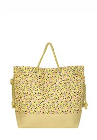Borsa a tote gialla con manici in corda; presenta una superficie decorata con foglie rosa e nere, con un fondo solido di un colore simile.