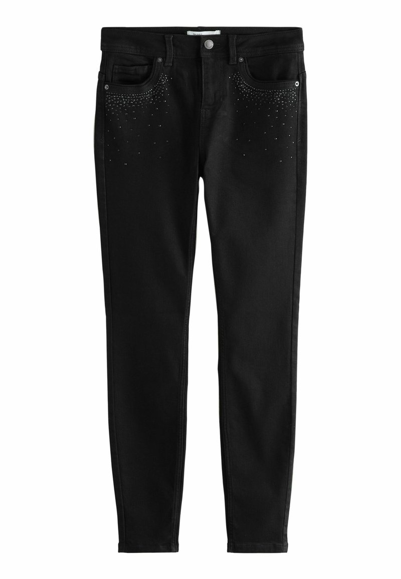 Blugi skinny din denim negru, cu o textură netedă, decorați cu mici strasuri pe partea din față, design clasic cu cinci buzunare și bucle pentru curea.