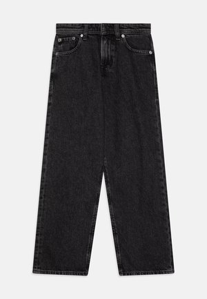 Black denim wide-leg jeans with a high waist, featuring a button closure, five pockets, and subtle fading for added texture.