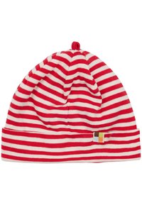 Beanie a righe rosse e bianche con risvolto. Presenta un piccolo etichetta con logo nei colori giallo, marrone e blu. Materiale morbido e elastico.