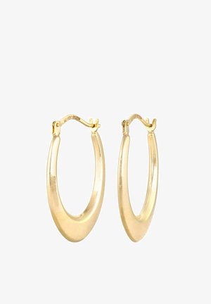 Złote kolczyki w kształcie kółek z gładkim, polerowanym wykończeniem. Owalny kształt z bezpiecznym zapięciem. Lekka konstrukcja, odpowiednia do codziennego noszenia.