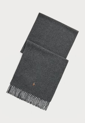 Gray wool scarf with fringed ends, featuring a small embroidered logo near the bottom. Soft texture and rectangular shape.