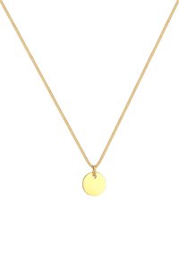 Goldkette mit einer dünnen, geflochtenen Kette und einem runden, flachen Anhänger. Der Anhänger ist glatt und schmucklos und hat eine polierte Oberfläche.