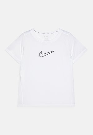 Weißes Kurzarm-T-Shirt aus glattem Stoff mit schwarzem Nike-Logo auf der Brust. Verfügt über einen Rundhalsausschnitt und verstärkte Nähte.