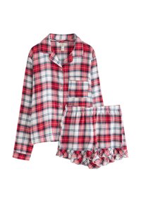 Ensemble de pyjama à carreaux rouges et blancs avec un haut à boutons à manches longues et des shorts à ourlet volanté. Tissu doux avec une poche sur le haut.