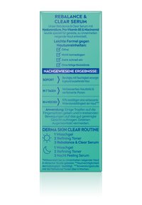 Teal packaging for Rebalance & Clear Serum features white and blue text, check marks, and a structured layout highlighting key ingredients and benefits.