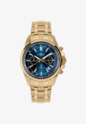 Reloj de acero inoxidable con acabado en tono dorado, con dial de degradado azul, función de cronógrafo y detalles en plateado. Cuenta con un diseño de pulsera enlazada.