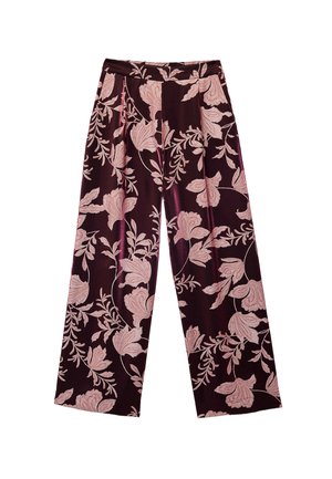 Hose mit weitem Bein aus dunkelburgunderfarbener Stoff, mit einem hellrosa Blumenmuster und texturierter Oberfläche, ausgestattet mit einem flachen Bund.