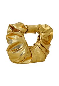 Geantă metalizată aurie, cu design pliat și mâner rotund. Textura este netedă, cu finisaj lucios.