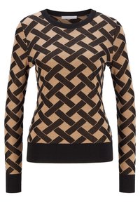 Strickpullover mit einem schwarz-beigen gewebten Muster, langen Ärmeln und rundem Halsausschnitt; mit einem schwarzen gerippten Saum und Bündchen versehen.
