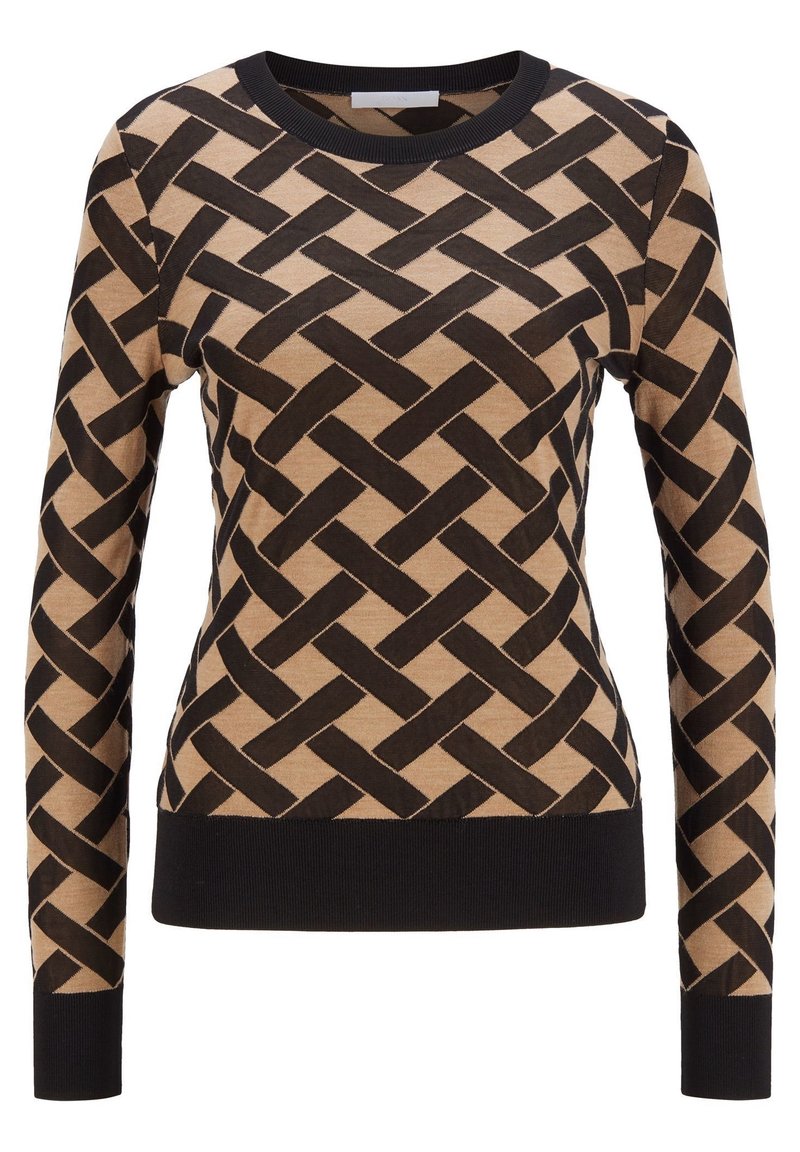 Strickpullover mit einem schwarz-beigen gewebten Muster, langen Ärmeln und rundem Halsausschnitt; mit einem schwarzen gerippten Saum und Bündchen versehen.