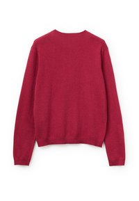 Červený svetr s kulatým výstřihem, dlouhými rukávy a žebrovanými manžetami. Vyroben z měkké, strukturované tkaniny, s jednoduchým, nezdobeným designem.