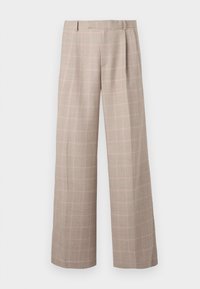 Pantaloni a quadri beige con vestibilità rilassata, caratterizzati da una gamba larga, sottili linee rosa e una texture liscia. Pince frontali ben visibili e una cintura.