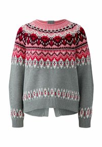 Pull en tricot avec un col rond, motif Fair Isle multicolore dans les tons rose, rouge et gris. Présente des poignets et un ourlet côtelés, avec des fentes sur les côtés.