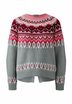 Strickpullover mit Rundhalsausschnitt, mehrfarbigem Fair Isle-Design in Rosa, Rot und Grau. Mit gerippten Bündchen und Saum sowie seitlichen Schlitzen.