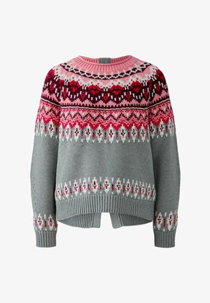 Knit sweater with a round neck, multicolored Fair Isle design in pink, red, and gray. Features ribbed cuffs and hem, with side slits.