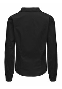 Camicia nera a maniche lunghe con colletto, caratterizzata da una texture liscia e una vestibilità su misura. Il retro presenta un orlo curvo e polsini con bottone.