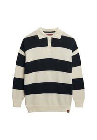 Knitted pullover with a polo collar, featuring wide navy and cream horizontal stripes. Three button placket and ribbed cuffs and hem.