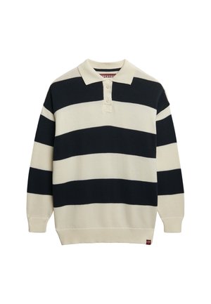 Gebreide pullover met een polokraag, met brede marineblauwe en crèmekleurige horizontale strepen. Drieknoopsluiting en ribgebreide manchetten en zoom.