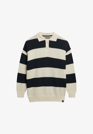 Sweter z dzianiny z kołnierzykiem polo, charakteryzujący się szerokimi poziomymi paskami w kolorze granatowym i kremowym. Zapięcie na trzy guziki oraz ściągacze przy mankietach i u dołu.