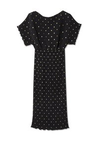 Robe midi noire avec manches volantées et pois dorés, taille élastique et texture plissée subtile.