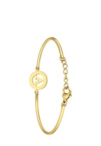 Gouden armband met een ronde bedel met een logo, voorzien van een gladde, gepolijste afwerking en een karabijnsluitingen.