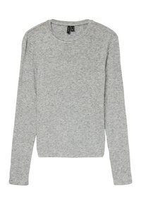 Grijze langslijfshirt met lange mouwen, gemaakt van zachte, gestructureerde stof. Het heeft een ronde halslijn en een iets verkorte zoom. De mouwen zijn aangesloten en de kleur is effen.