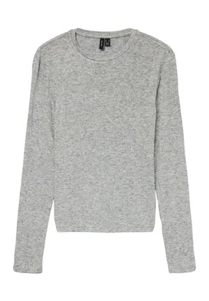 Camisa de manga larga gris en una tela suave y texturizada, con cuello redondo y dobladillo ligeramente corto. Las mangas son ajustadas y el color es sólido.